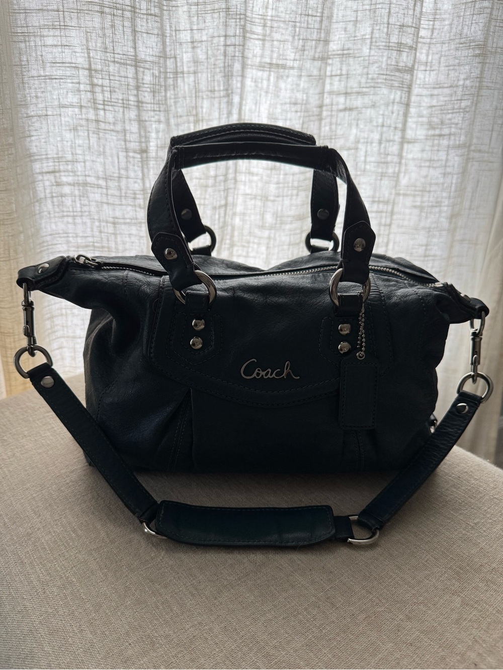 COACH Ashley Leather Satchel Dark Teal Silver Hardware - Authentic